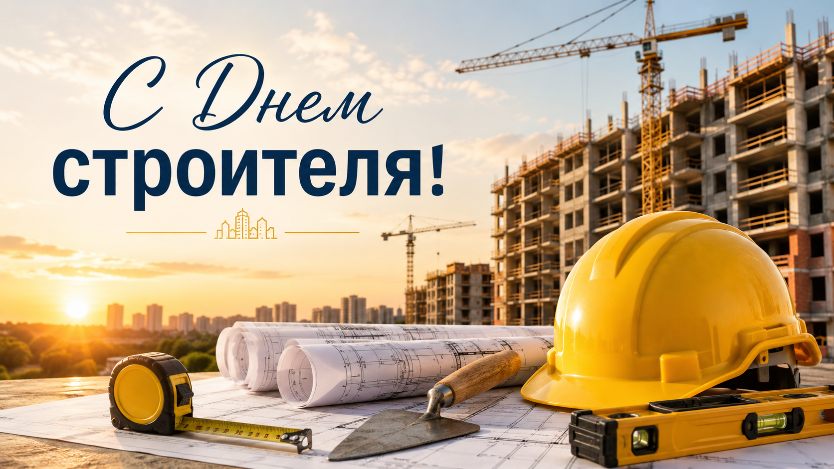 Поздравительная открытка ко Дню строителя с каской и стройкой